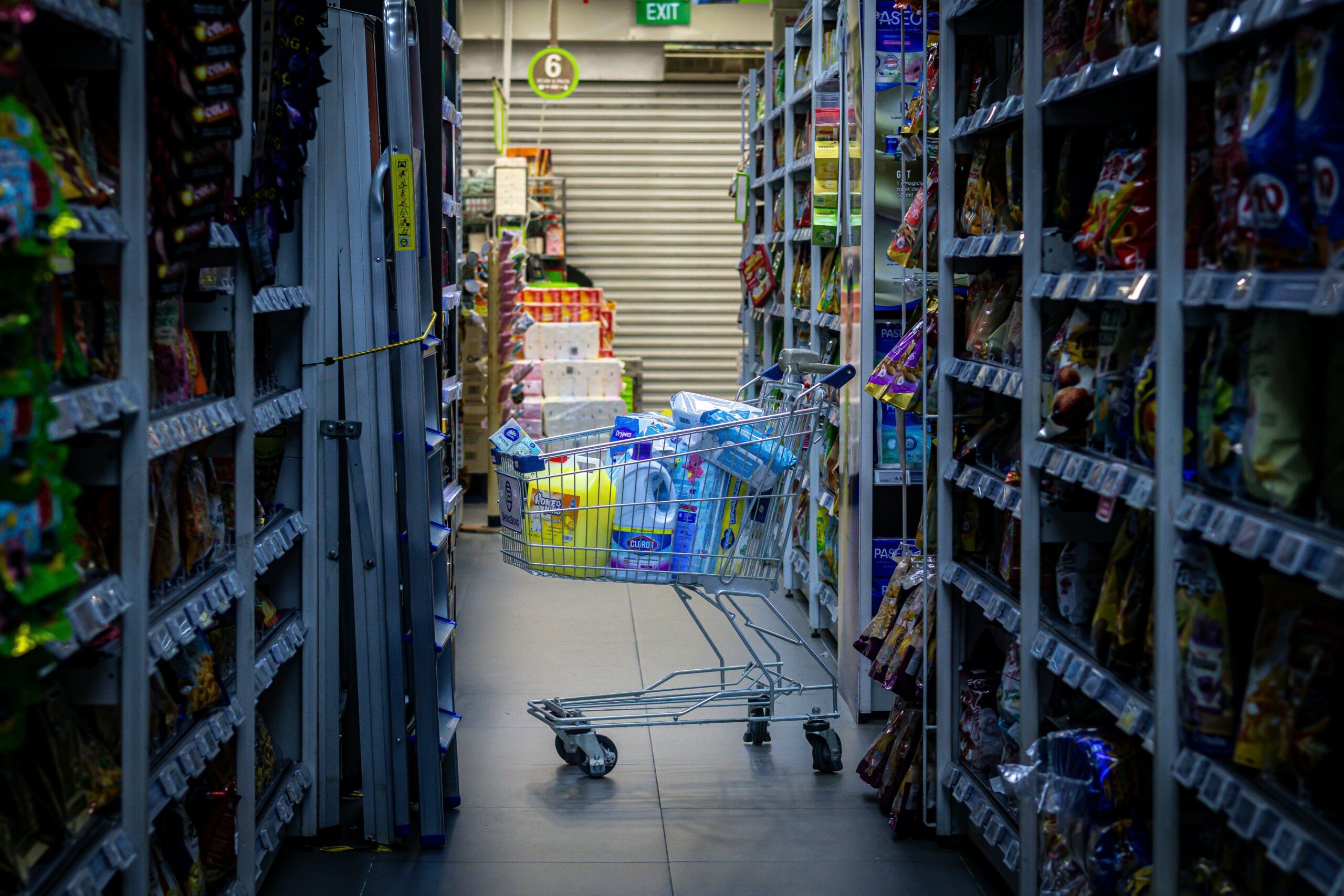 A person pushing a cart through an organized grocery store aisle
