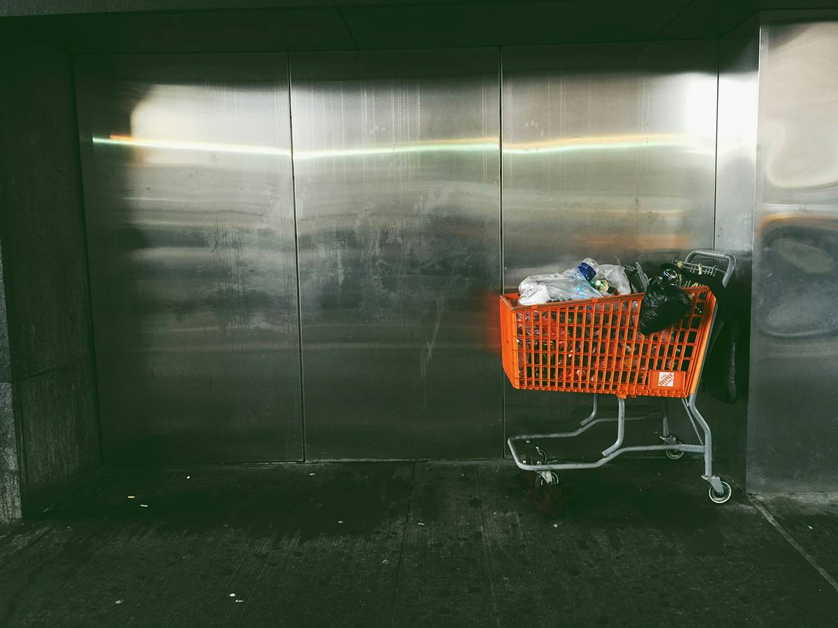 Cart filled with groceries spilling over