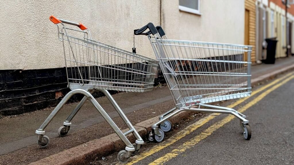 Two abandoned shopping carts resting on a double yellow line on an empty urban street for concepts of consumerism, retail, or urban neglect