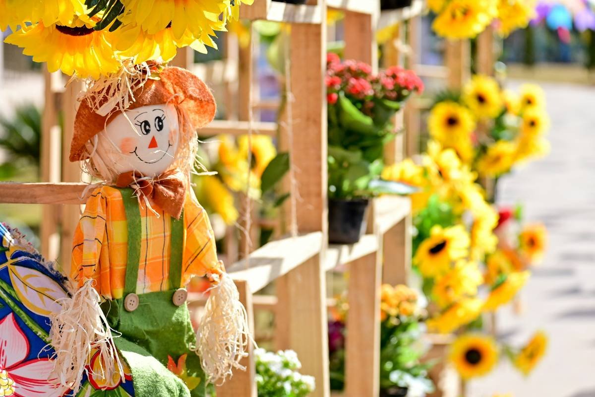 The vibrant Brazilian Junino festival is adorned with colorful balloons, flowers, flags, and captivating decorations.